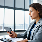 A thoughtful professional businesswoman in a modest grey pantsuit, seated comfortably at a polished modern desk in a bright, contemporary office setting. She is subtly engaging with a tablet displaying complex information, perhaps financial charts or reports. The background is a blurred, sophisticated office interior with soft natural light. fully clothed, appropriate attire, safe for work, professional, perfect anatomy, correct proportions, natural pose, well-formed hands, proper finger count, natural body proportions, professional photography, high quality.