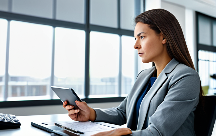 A thoughtful professional businesswoman in a modest grey pantsuit, seated comfortably at a polished modern desk in a bright, contemporary office setting. She is subtly engaging with a tablet displaying complex information, perhaps financial charts or reports. The background is a blurred, sophisticated office interior with soft natural light. fully clothed, appropriate attire, safe for work, professional, perfect anatomy, correct proportions, natural pose, well-formed hands, proper finger count, natural body proportions, professional photography, high quality.