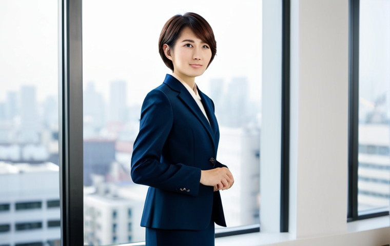 **

"A confident Japanese woman in her late 20s, with short, stylish hair, wearing a modest but fashionable business suit, standing in a modern, minimalist office. The background features soft, diffused light and blurred cityscape view through a large window. Perfect anatomy, correct proportions, natural pose, well-formed hands, proper finger count. Safe for work, appropriate content, fully clothed, professional, family-friendly, high quality, professional photography."

**