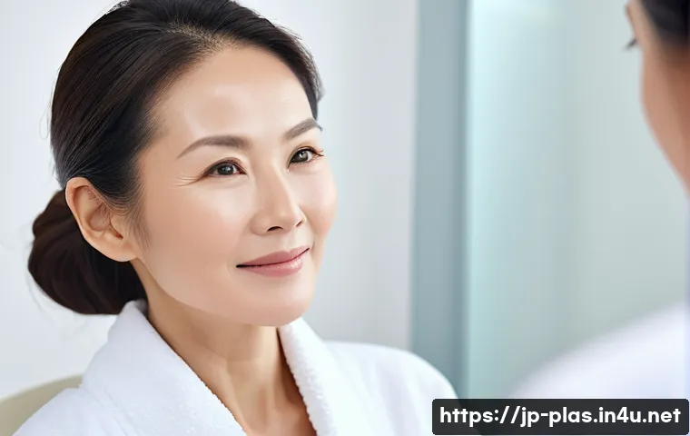 중안면 리프팅 장점 - A serene Japanese woman in her 40s experiencing a natural mid-face lifting treatment in a modern cli...