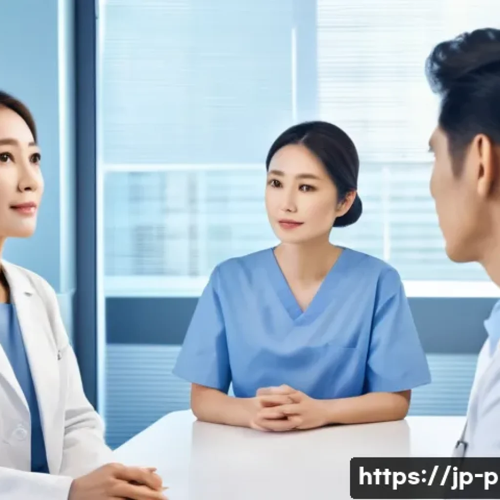 얼굴 윤곽술 효과 - A modern medical consultation room featuring a Japanese female patient in her 30s wearing a modest l...