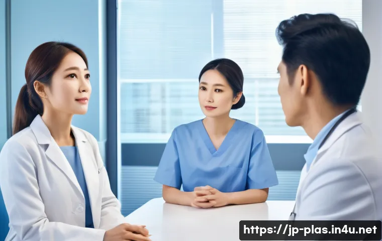 얼굴 윤곽술 효과 - A modern medical consultation room featuring a Japanese female patient in her 30s wearing a modest l...