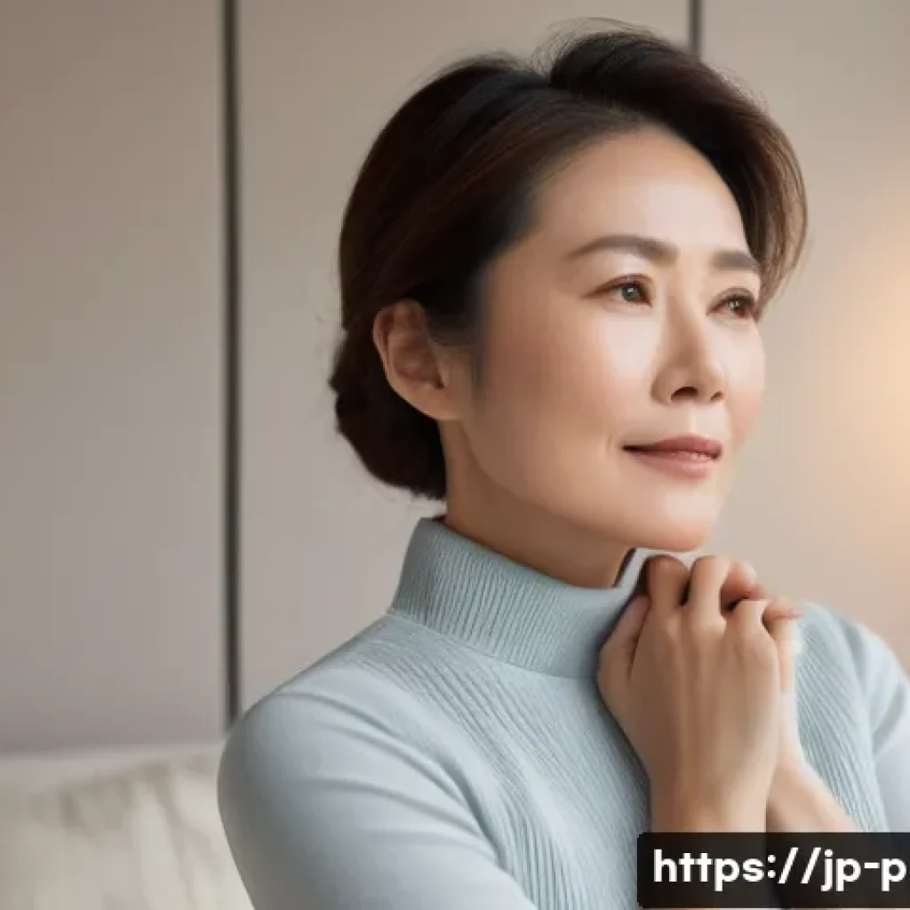 목 지방 제거 시술 - A detailed portrait of a middle-aged Japanese woman gently massaging her neck and jawline in a softl...