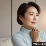목 지방 제거 시술 - A detailed portrait of a middle-aged Japanese woman gently massaging her neck and jawline in a softl...