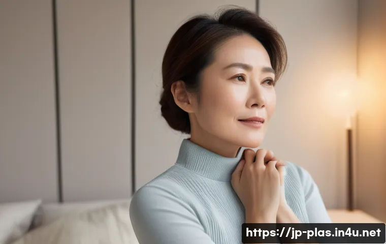목 지방 제거 시술 - A detailed portrait of a middle-aged Japanese woman gently massaging her neck and jawline in a softl...