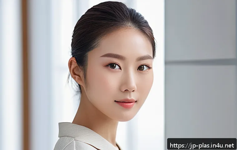 피부 미백 성형 효과 - A close-up portrait of a young Japanese woman with flawless, radiant skin glowing from within, showc...