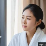 코 성형 후 관리법 - A serene scene of a young Japanese woman gently applying a soft, flexible cold gel pack wrapped in a...