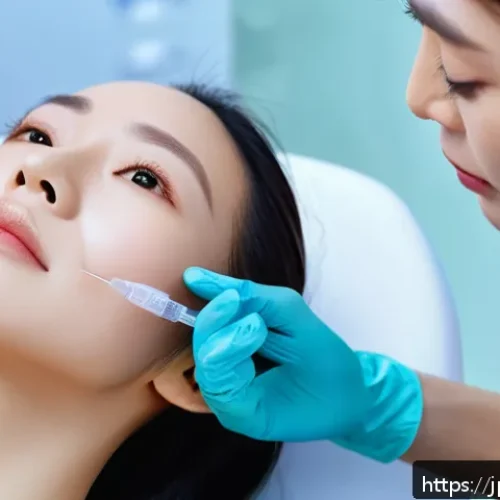 얼굴 윤곽주사 효과 - A modern Japanese woman in her late 20s receiving a facial contour injection treatment at a clean, p...