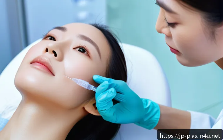 얼굴 윤곽주사 효과 - A modern Japanese woman in her late 20s receiving a facial contour injection treatment at a clean, p...
